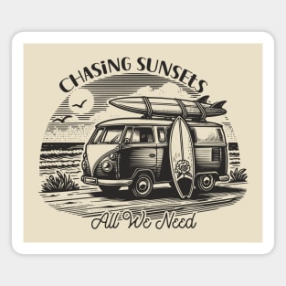 Chasing sunsets; summer; beach; ocean; surf; surfing; surfer; vintage; retro; sun; kombi; kombi van; camper; van; surfboard; water; travel; travelling; vacation; holiday; sea; waves; Magnet